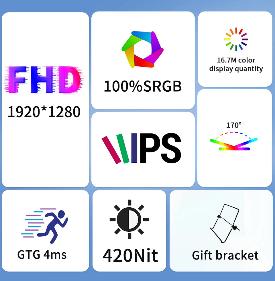 HGFRTEE 100%sRGB 10.5 inch Portable Monitor 1280P 420Cd/m ² Second screen For Laptop Mac Xbox PS4/5 Switch PC Extension Display