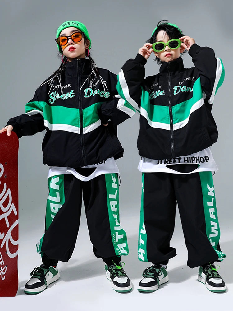 Hip Hop Girls Contrast Bomber Jacket Sport Pants Boys Street Dance Coat Streetwear Kids Jazz Clothes Set Children School Uniform