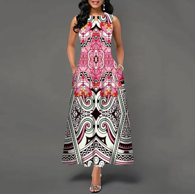 Women's V-neck Sleeveless Long Dress Retro Bohemian Dresses Floral Print Swing Casual New 
