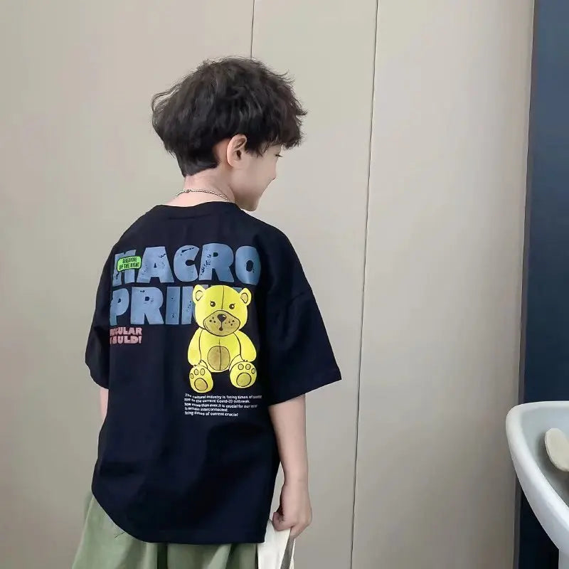 Camiseta de manga corta de verano para niños, Top de cuello redondo para niños pequeños y medianos, moda informal versátil de media manga