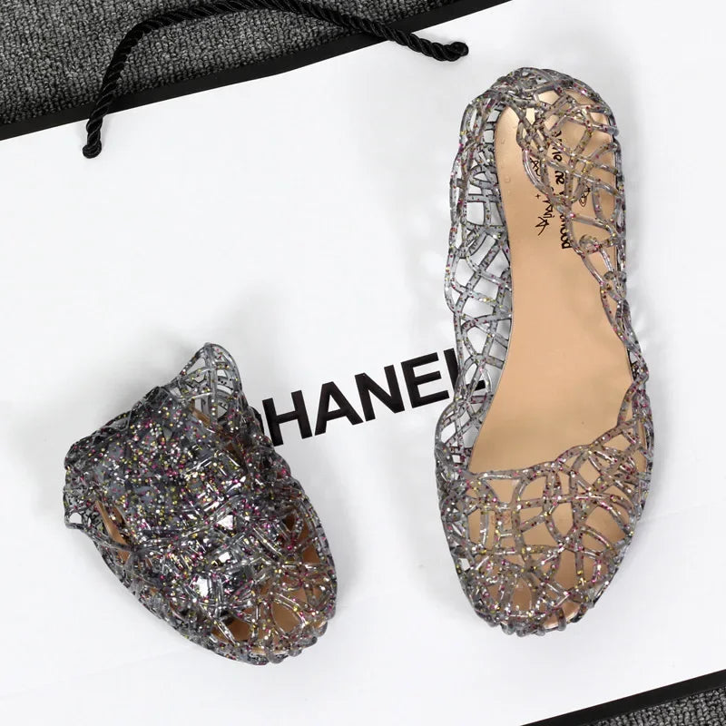 Women's Flat Bottom Plastic Jelly Sandals Hollow out Slip-On Beach Shoes Comfortable Lightweight Summer Footwear