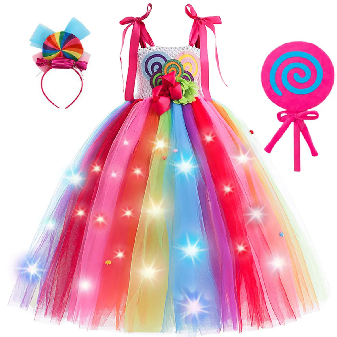 Halloween Carnival Costume Child Lollipop Apparel  Purim Kids Nice Tutu With Colored LED Puffy Candy Princess Ball Gown Dress