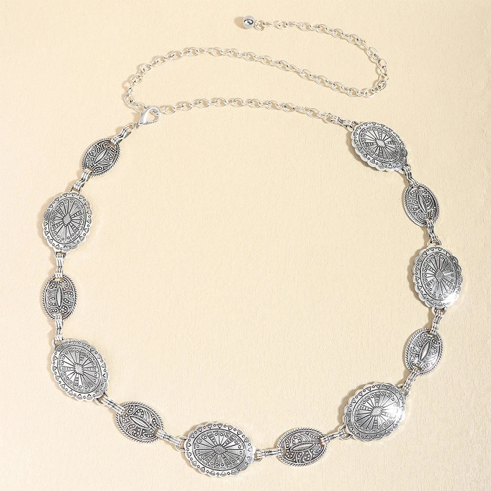 1/2pcs Retro Style WOMEN'S Metal Waist Chain Accessories Decorative Circle Carved Chain Belt High Style Accessories