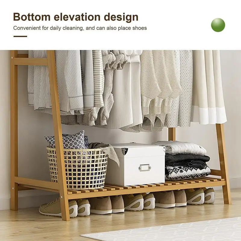 Wooden Garment Coat Clothes Hanging Heavy Duty Rack with top shelf and 2-tier Shoe Clothing Storage Organizer Shelves