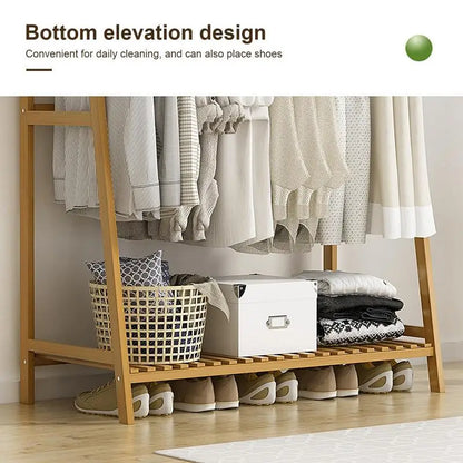 Wooden Garment Coat Clothes Hanging Heavy Duty Rack with top shelf and 2-tier Shoe Clothing Storage Organizer Shelves