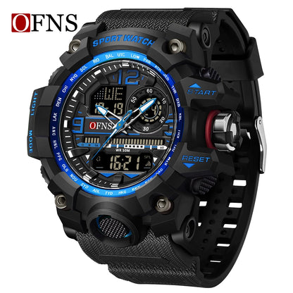 OFNS - Reloj de lujo estilo G para hombre, resistente al agua hasta 50 m, multifunción, deportivo, militar, de cuarzo, con LED digital