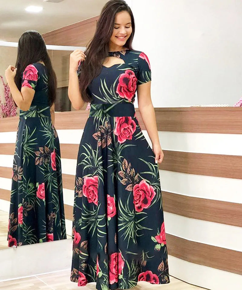 Elegant Spring Women's Casual Fashion Floral Print Short Sleeve Super Long Dress 2023 New Fashion Hollow Out Long Dresses