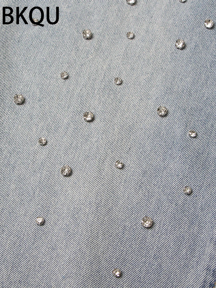 BKQU - Pantalones vaqueros rectos y holgados para mujer, cintura alta, pierna ancha, con diamantes de imitación, largos, moda urbana 2021, pantalones brillantes con diamantes