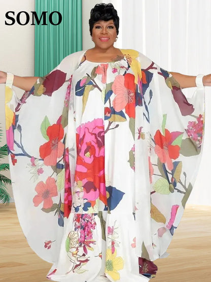 SOMO - Conjunto de dos piezas de talla grande para mujer, vestido y chal a juego, verano 2023, combinación floral, ropa de fiesta, venta al por mayor, dropshipping 