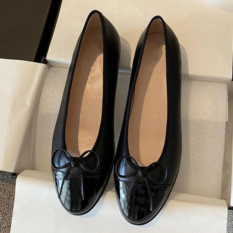 Women's Ballet Flat Shoes 2026 Spring New Round Toe French Elegance High-quality Leather Shoes Bow Comfortable Casual Shoes
