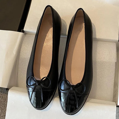 Women's Ballet Flat Shoes 2026 Spring New Round Toe French Elegance High-quality Leather Shoes Bow Comfortable Casual Shoes