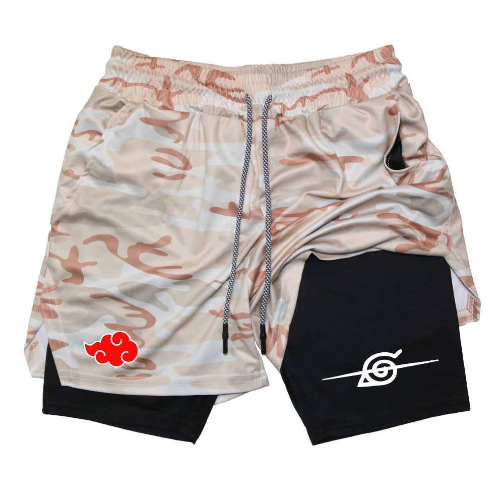 Men Anime Double Layer Shorts Gym Workout Printed Sports Multi-Performance Training Quick-Drying Jogging Pants Towel Pants M-3XL