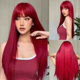 Light Wine Red Synthetic Wigs With Bangs for Women, Long Straight Hair Wig, Natural Cosplay Party, Heat Resistant