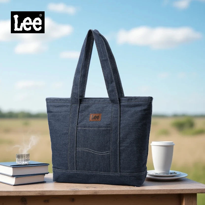 LEE Unisex Utility Canvas Leather Zipper Tote Bag Casual Denim Daily Shopping Handbag Women Men Durable Student School Book Bag