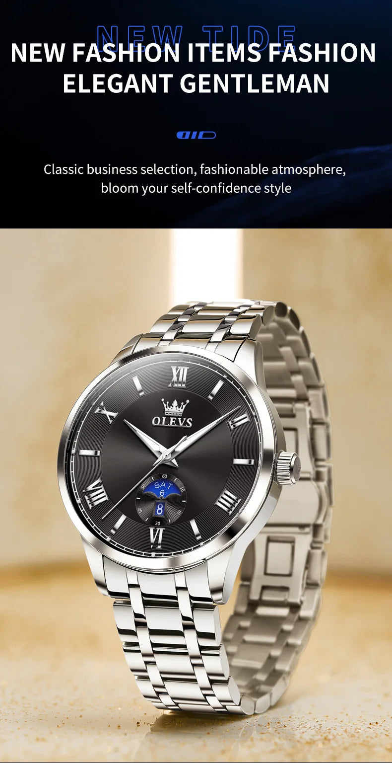 OLEVS 3638 Mens Watch Original Quartz Watch Stainless Steel Waterproof Luminous Large Dial Day Date Watches Luxury Men Box Reloj