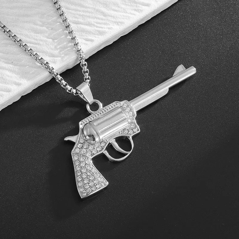 Collar con colgante de circón con incrustaciones de rifle de asalto punk M416 para hombre, estilo hip hop rock, joyería moderna, regalo para niño 