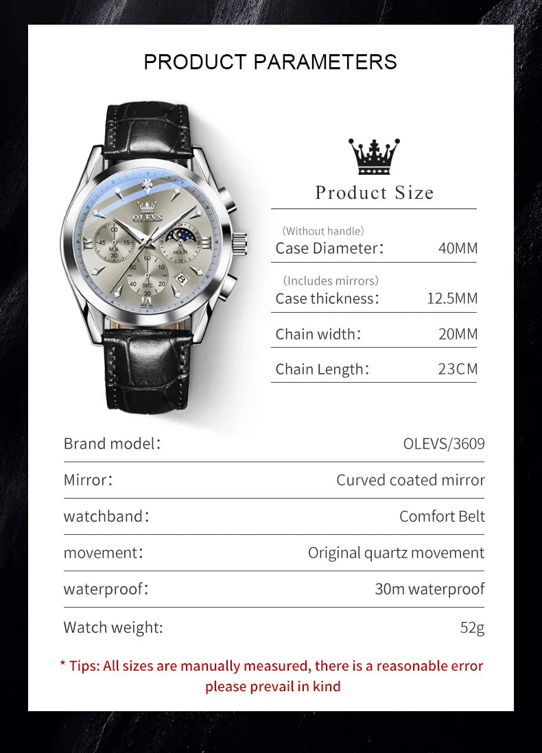 OLEVS 3609 Original Moon Phase Chronograph Man Watch Leather Strap Waterproof Luminous Luxury Brand Quartz Wrist Watches for Men