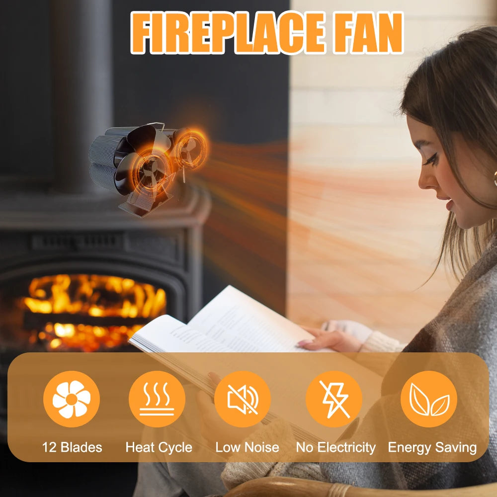Ventilador de estufa de leña con motor silencioso doble alimentado por calor, 6 aspas, ventilador de chimenea no eléctrico activado por calor con soporte y calentador magnético