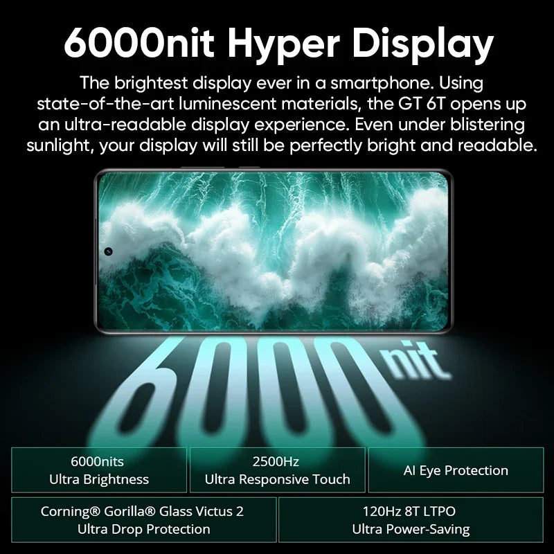Global Version realme GT 6T 5G Smartphone 6000nit Hyper Display 120W SUPERVOOC Charge Snapdragon 7+ Gen 3 5500mAh Battery 50MP