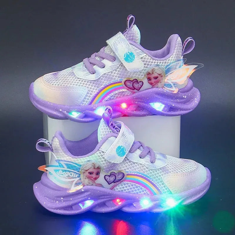 Disney Girls' Casual LED Light-Up Mesh Breathable Children's Sports Shoes Princess Elsa Pink Purple Sneakers Size 22-35