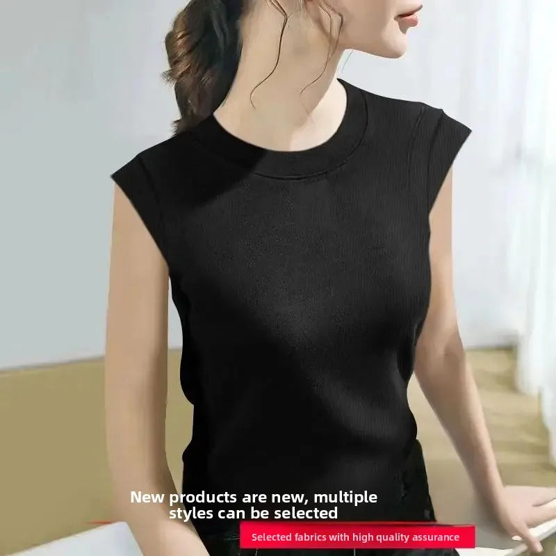 Summer Ice Silk Loose Fashionable Simple Pure Color round Neck Fly Sleeve T Shirt Women Short Sleeve Simple Style Crew Neck