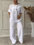 Cotton Linen Sets Two 2 Pieces Sale Casual Long Sleeve Button Loose Blouse Shirt & High Elastic Wide Leg Loose Pant Suits NMD-3021