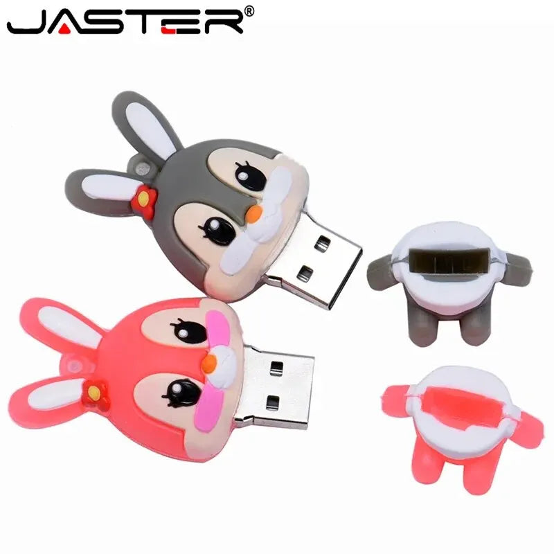 Lovely Rabbits USB Flash Drive 64GB Cartoon Pink Memory Stick 32GB Creative Gift Pen Drive 16GB Free Key Chain External Storage