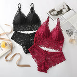 Conjunto de ropa interior de encaje sexy para mujer, sujetador sin costuras y sin aros, conjuntos de sujetador y bragas ahuecados para mujer, lencería íntima bordada