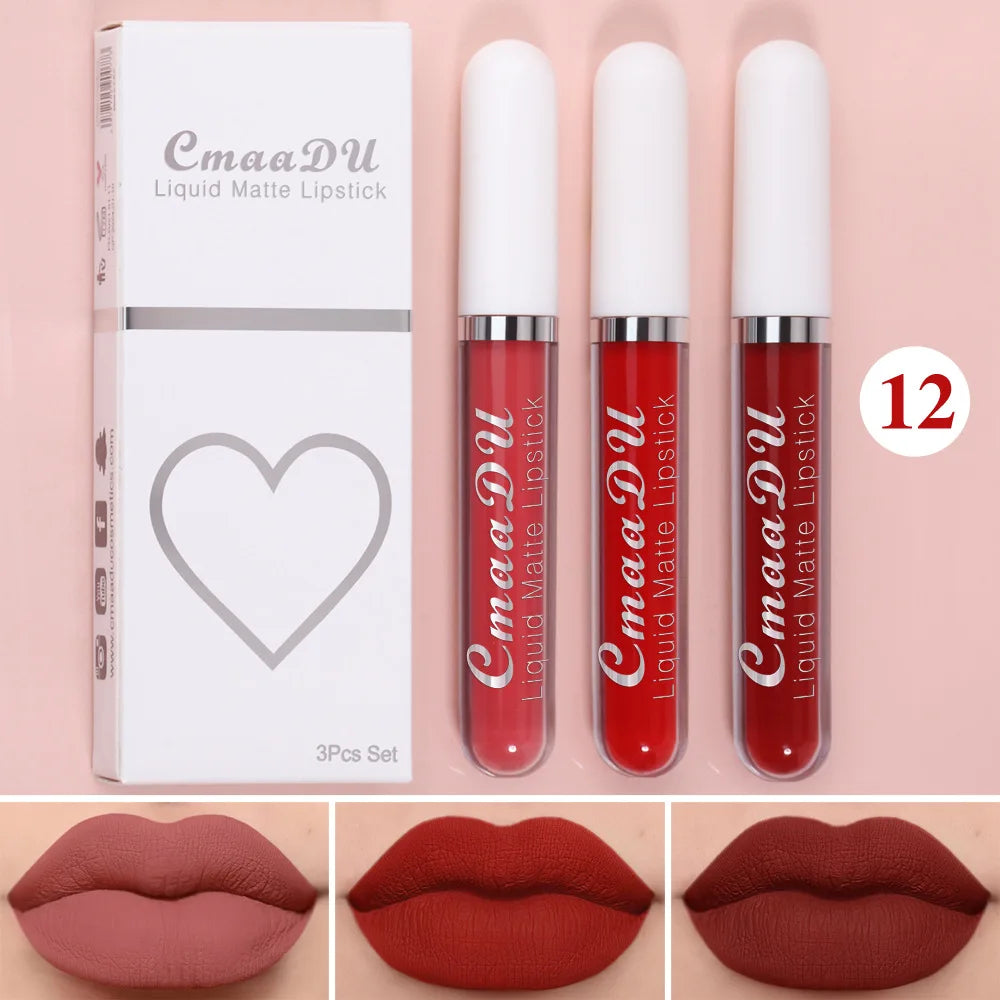 Juego de 3 brillos labiales de terciopelo mate, resistentes al agua, de larga duración, líquidos, cosméticos, maquillaje que dura 24 horas.