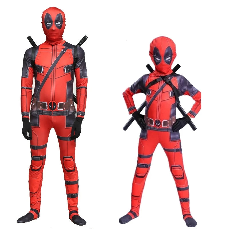 Adult Deadpool Costume Men Women Kids Cosplay Mask Suit Jumpsuit Backpack Knife Accessories Superhero Halloween Costume Child