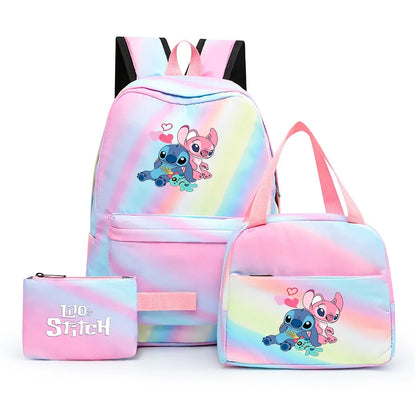 3pcs Disney Lilo Stitch Colorful Backpack with Lunch Bag for Women Student Teenagers Rucksack Casual School Bags Sets