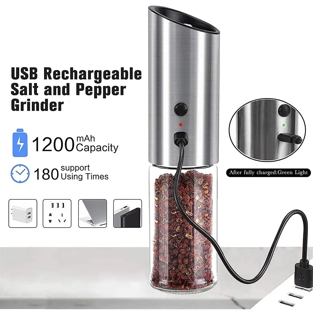 Molinillo de sal y pimienta eléctrico, molinillo de pimienta eléctrico recargable por USB, máquina automática de acero para especias, herramienta de cocina