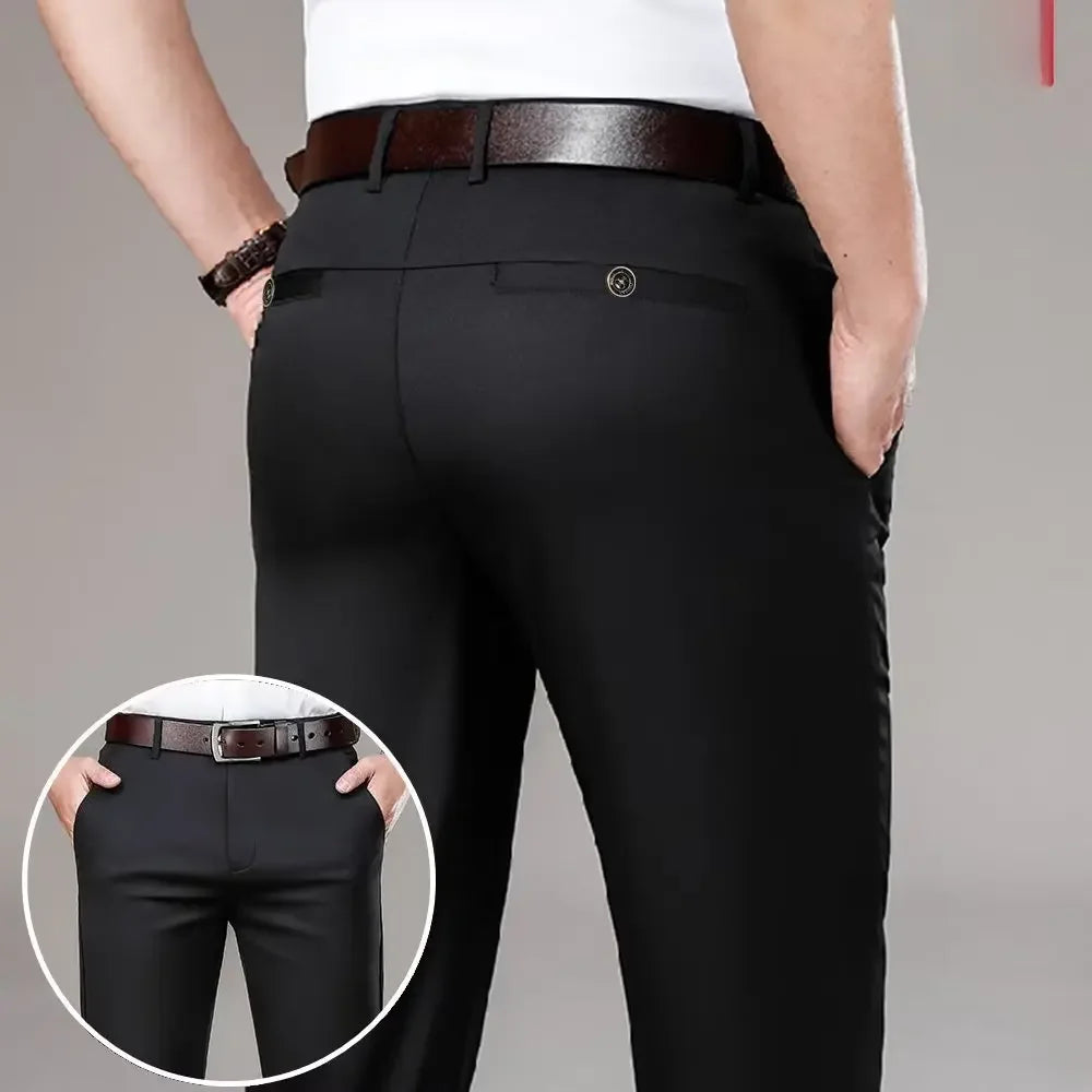 Pantalones casuales de seda helada para hombre, de negocios, formales, de verano, finos, rectos y holgados, para hombres de mediana edad.