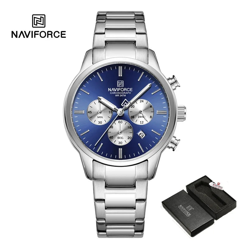 NAVIFORCE NF8076 Sports Watches for Men Stainless Steel Strap Quartz 3ATM Waterproof Shockproof New Fashionable Watch