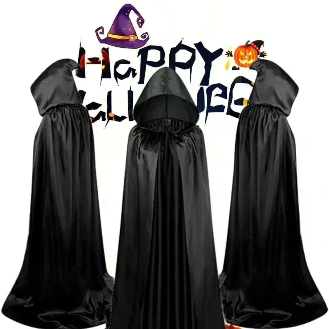 Capa de Halloween Unissex Preta com Capuz – Estilo Bruxa/Mago, Longa e Macia – Ideal para Cosplay, Fantasias, Festas, Apresentações e Decoração