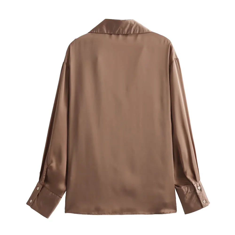 PB&amp;ZA 2024 primavera nueva moda y elegancia de las mujeres Casual versátil seda satén textura camisa
