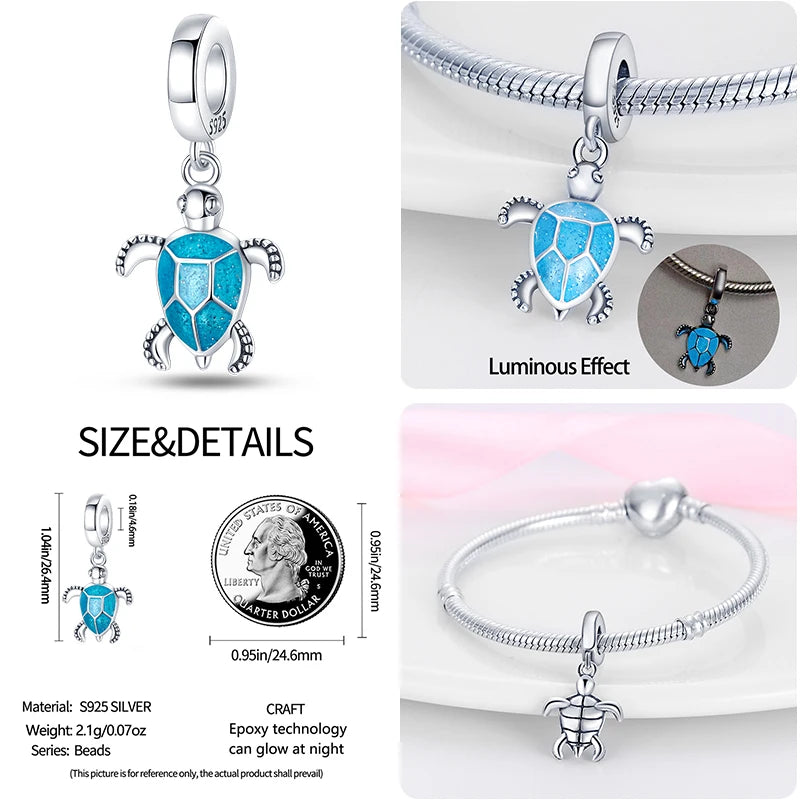 Ocean Series - Original Genuine 925 Sterling Silver Turtle Crab Mermaid Charm Beads Suitable for 3mm Bracelet DIY Making Pendant