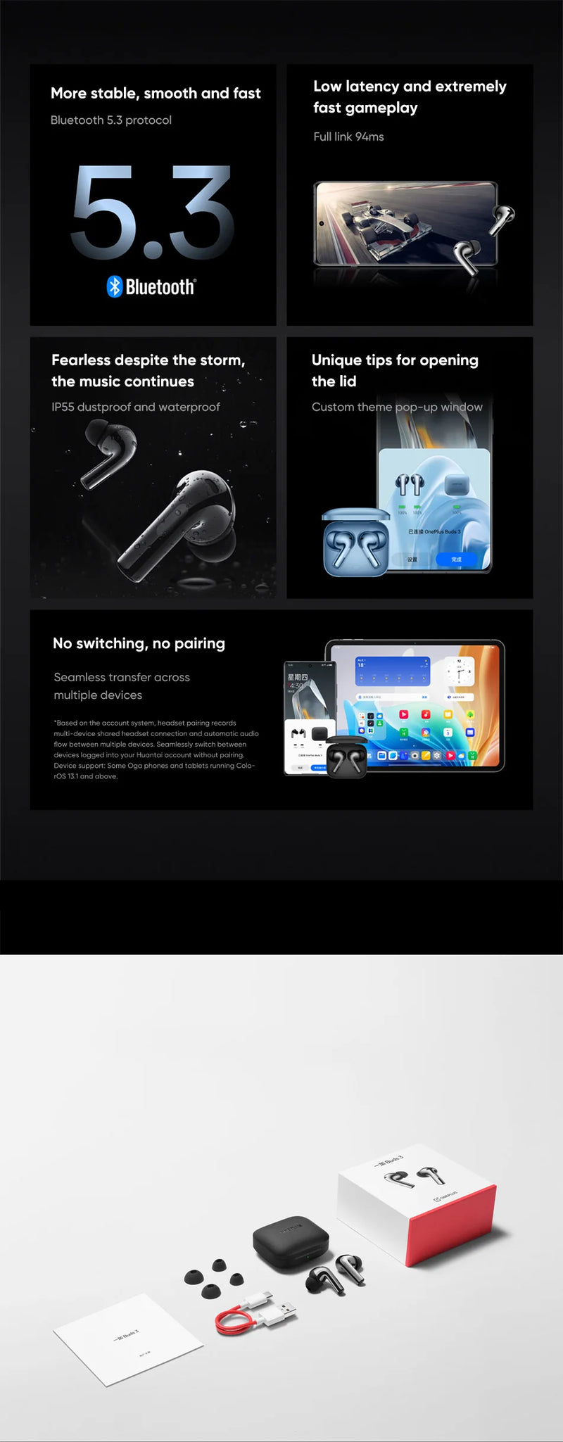 Oneplus Buds 3 wireless Bluetooth headset LHDC 5.0 49dB active noise reduction 44h battery life Oneplus 12 TWS low delay.