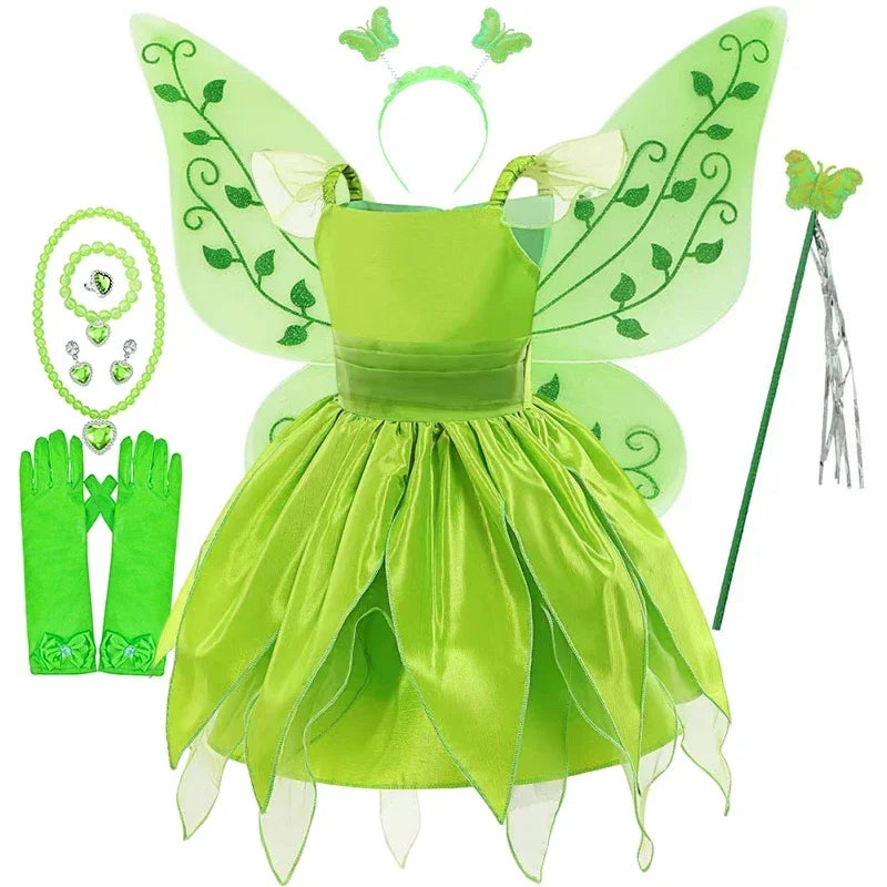 Girls Disney Party Dresses Fairy Tiana Costume for Girl Tinkerbell Children Clothing Princess Elf Birthday Ball Gown Wing Dresse
