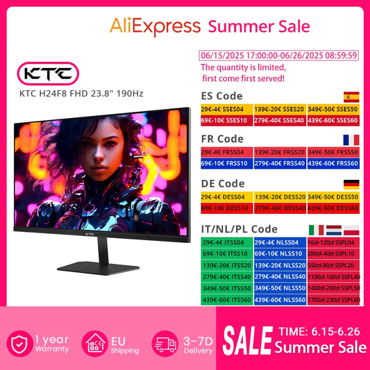 (2025 H24T09P Upgraded Version) KTC H24F8 FHD 23.8" 180Hz Gaming Monitor With Realistic Color Reproduction 1920*1080 Resolution