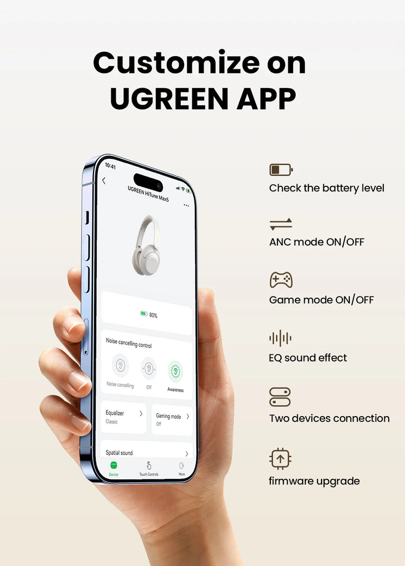 UGREEN HiTune Max5 Hybrid Active Noise Cancelling Earphone Wireless Over Ear Bluetooth Headphones 90H Playtime Hi-Res Audio LDAC