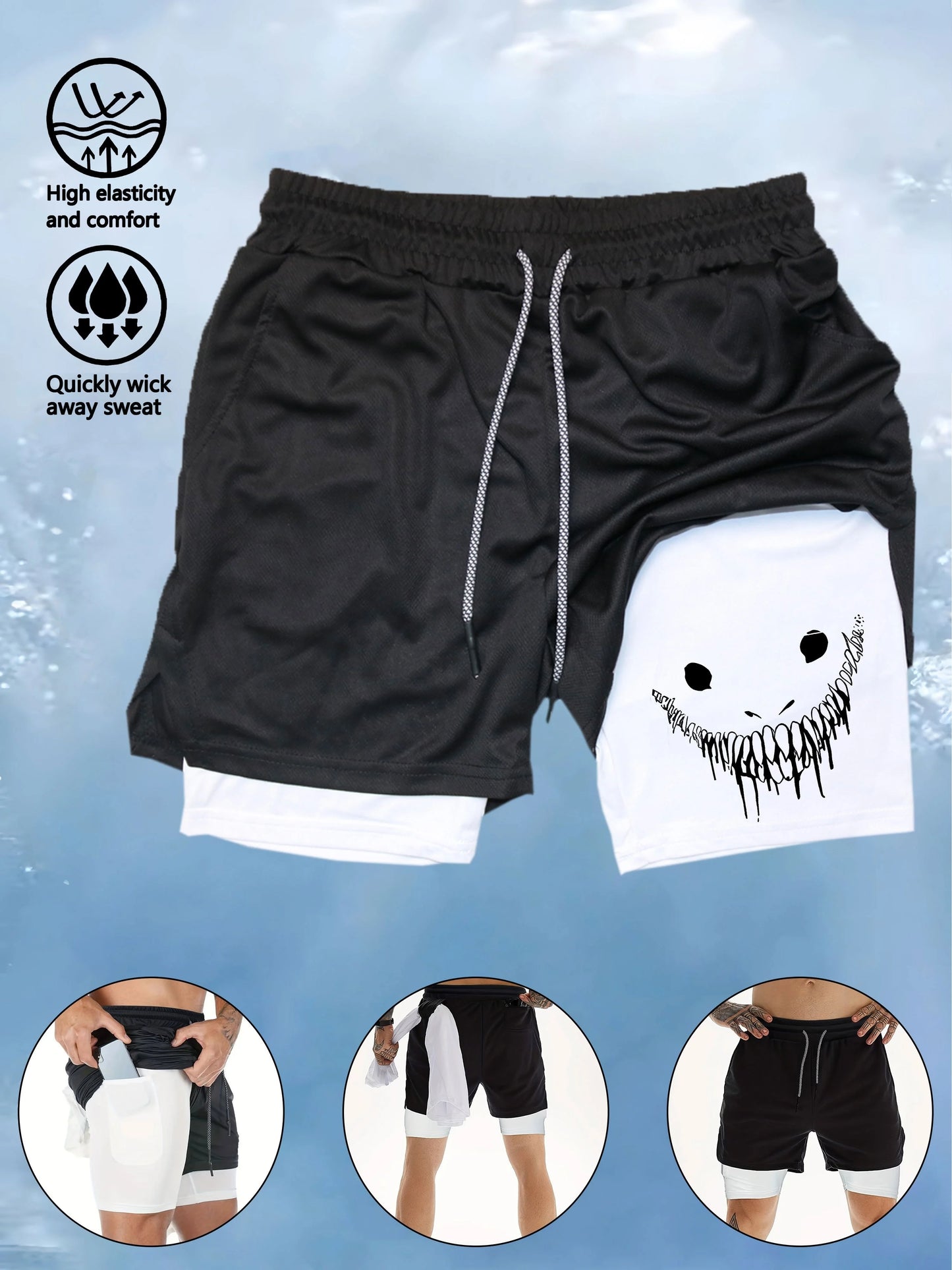 Men's 2-in-1 Fitness Training Sports Running Shorts Double Layer with Pocket Quick Dry Breathable Adjustable Drawstring Belt