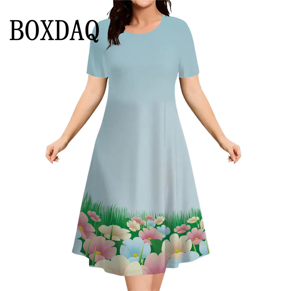 Women's Summer Floral Print Short Sleeve Dress 2026 New Fashion Plus Size Loose Casual Retro Women's Mini Dress 9XL Clothing