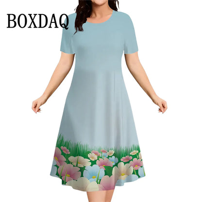 Women's Summer Flower Printed Short Sleeve Dress 2026 New Fashion Plus Size Loose Casual Retro Women's Mini Dress 9XL Clothing