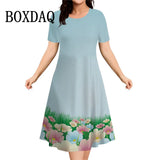 Women's Summer Floral Print Short Sleeve Dress 2026 New Fashion Plus Size Loose Casual Retro Women's Mini Dress 9XL Clothing