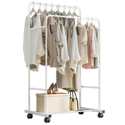 Rolling Clothes Rail Rack Garment Cloth Hanging Rack with 2 Tier Storage Shelves