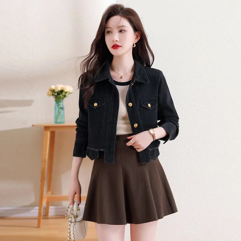 In Stock Hong Kong Style Denim Jacket For Women Korean Version Petite Denim Top Tweed Style Jacket Fashionable Streetwear