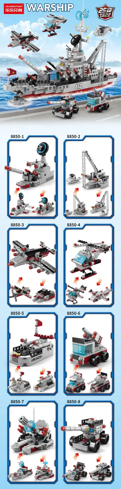 1000+Pcs Navy War Chariot Ship Army Boat Plane Model Warships Building Blocks City Children Toys for Boy