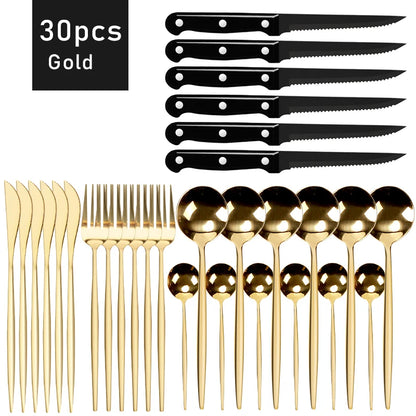 30pcs Black Dinnerware Set Stainless Steel Steak Knife Fork Coffee Spoon Teaspoon Flatware Dishwasher Safe Kitchen Tableware Set