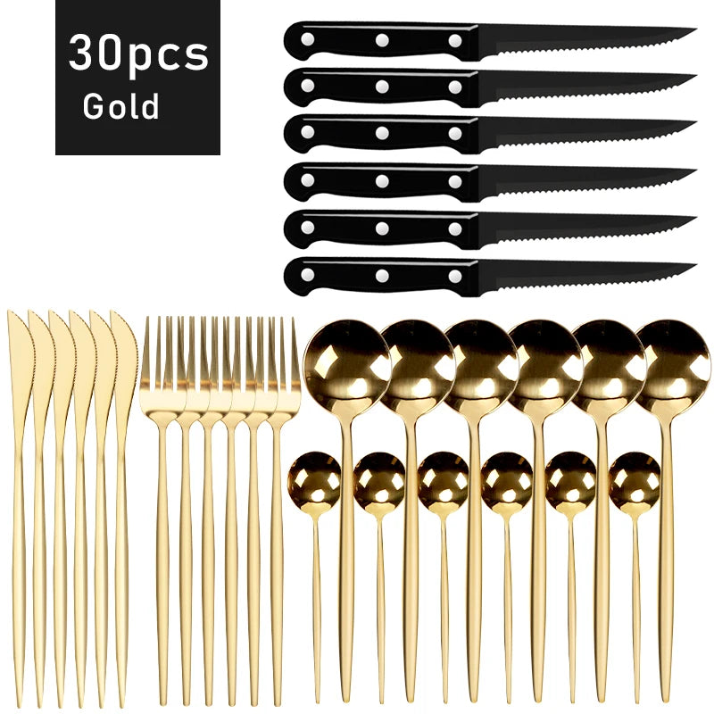 30pcs Black Dinnerware Set Stainless Steel Steak Knife Fork Coffee Spoon Teaspoon Flatware Dishwasher Safe Kitchen Tableware Set